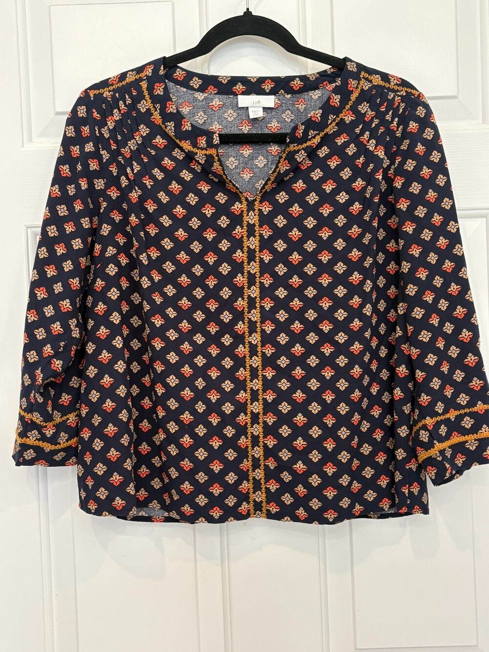 J. Jill Embroidered Boho Peasant Blouse Navy Blue Geometric Print 3/4 Sleeve PSM